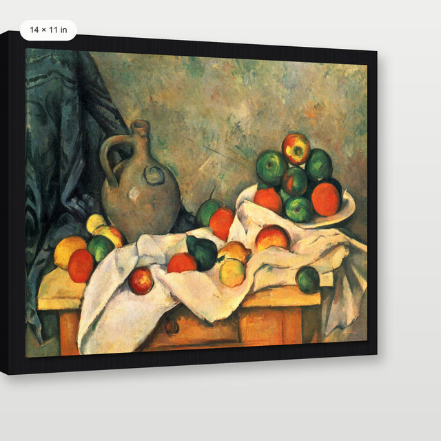 Cezanne - Jug, Curtain And Fruit Bowl, Black Floater Frame