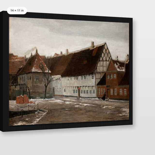 Warm Tone Winter Village, Black Floater Frame