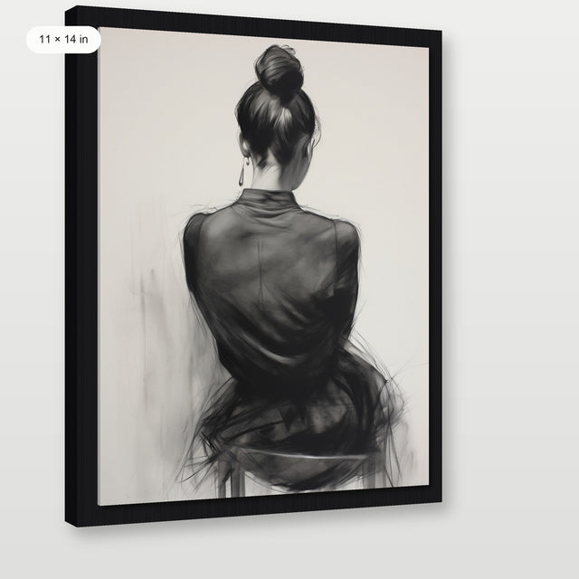 Seated Woman: Charcoal Elegance, Black Floater Frame