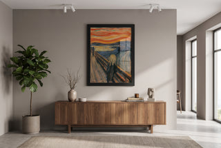 The Scream full bleed print in a black frame in a modern living room
