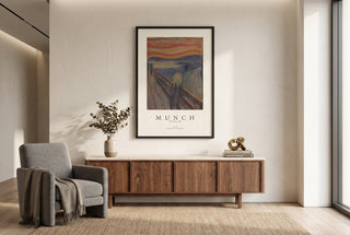 The Scream gallery poster print in a black frame in a modern living room