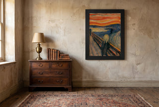 The Scream full bleed print in a black frame in a vintage style room