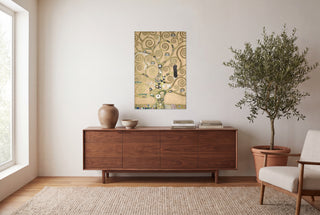 The Tree of Life full bleed print hanging unframed in a modern living room