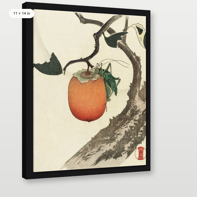 Hokusai - Kakivrucht Met Sprinkhaan, Black Floater Frame