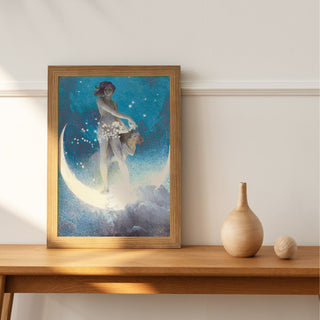 Vintage Moon Angel Art Print  | Meditation Art |  Yoga Wall Art | Antique Boho Painting | Peaceful Art | Zen Wall Art